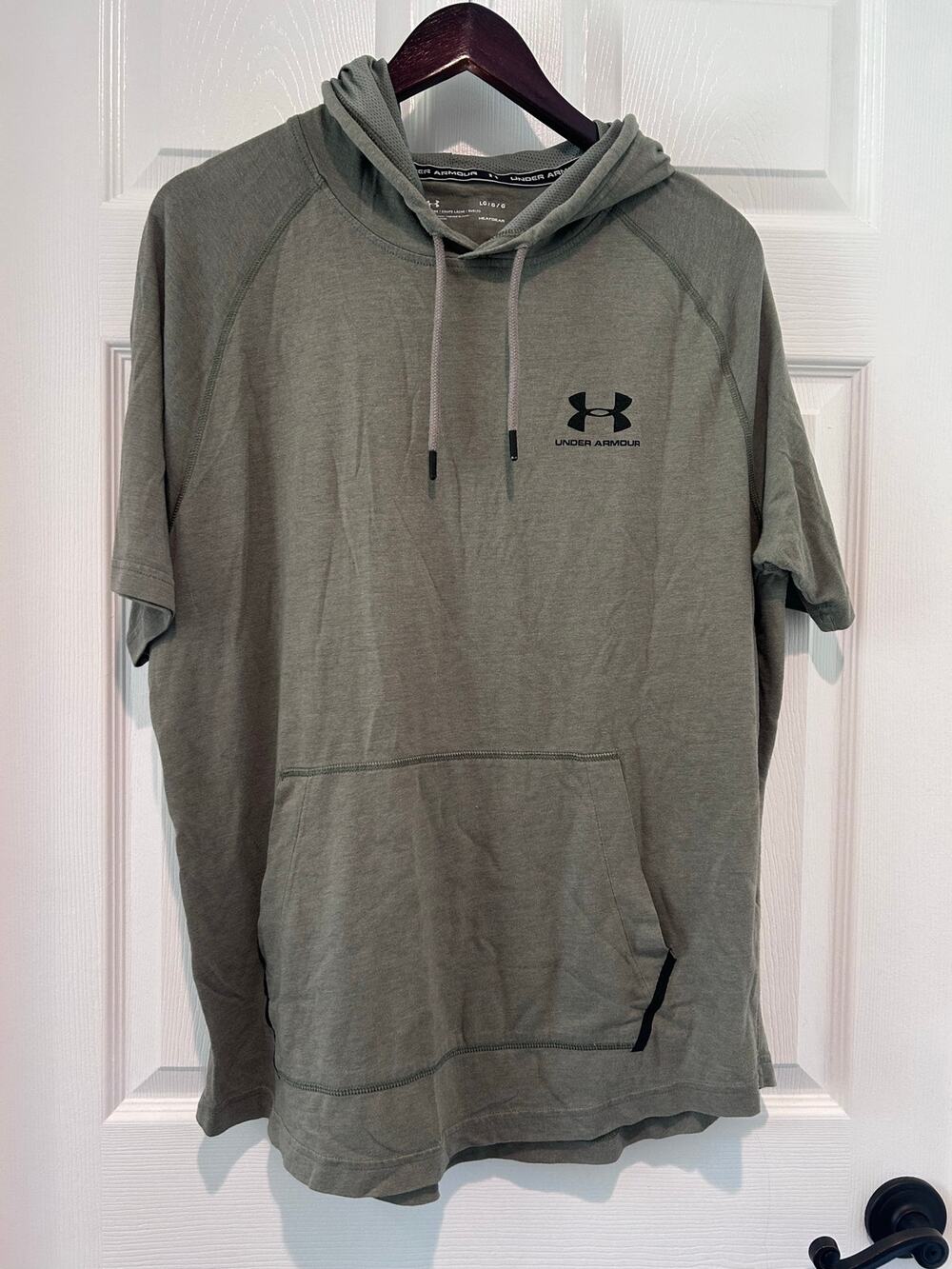 Under Armour Mens L Short Sleeve Hoodie HeatGear Olive Green LooseFit Gym Active